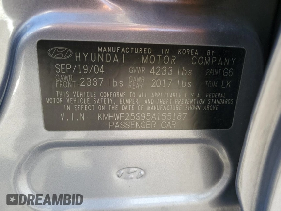 2005 Hyundai Sonata GL with VIN KMHWF25S95A155187, listed as a Copart auction lot 46887255 with 138,694 mi miles and Clean Title. Bid and sale history available at carsss.com. Image 12.