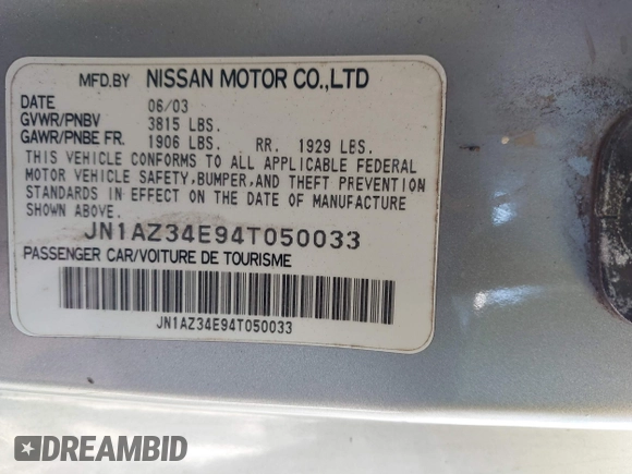 2004 Nissan 350Z Touring with VIN JN1AZ34E94T050033, listed as a IAAI auction lot 41652568 with 120,955 mi miles. Bid and sale history available at carsss.com. Image 9.