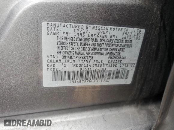 2017 Nissan Sentra SV with VIN 3N1AB7AP6HY371736, listed as a Copart auction lot 52800165 with 63,037 mi miles and Salvage Title. Bid and sale history available at carsss.com. Image 14.