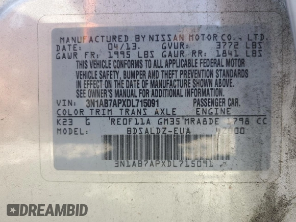 2013 Nissan Sentra SV with VIN 3N1AB7APXDL715091, listed as a Copart auction lot 50904735 with 158,910 mi miles and Salvage Title. Bid and sale history available at carsss.com. Image 12.