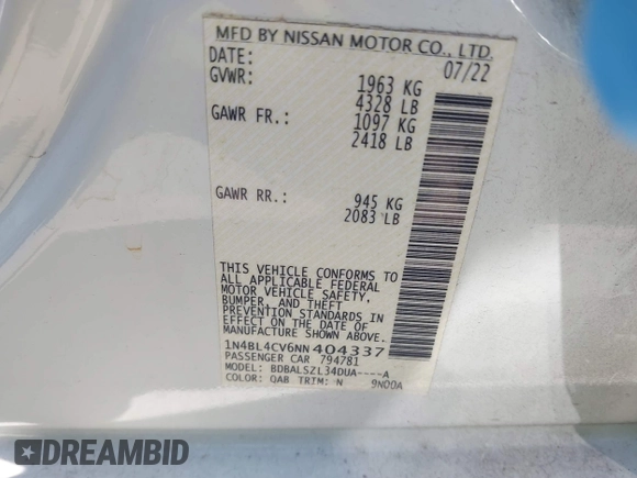 2022 Nissan Altima SR with VIN 1N4BL4CV6NN404337, listed as a IAAI auction lot 41856649 with 52,903 mi miles and . Bid and sale history available at DreamBid. Image 9.