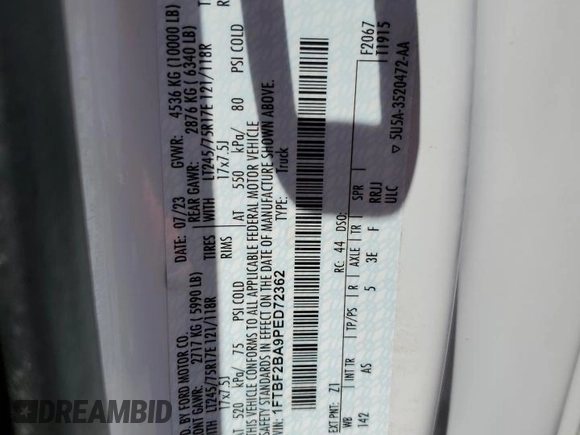 2023 Ford F-250 XL z VIN 1FTBF2BA9PED72362, wystawiony jako Copart lot #53801085 z przebiegiem Nie podano mil oraz Szkoda całkowita • Salvage title. Historia ofert i sprzedaży dostępna na DreamBid. Obrazek 12.
