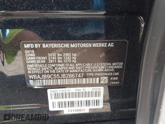 2018 BMW 5 Series M550i xDrive with VIN WBAJB9C55JB286747, listed as a IAAI auction lot 42583106 with 141,102 mi miles and . Bid and sale history available at DreamBid. Image 9.