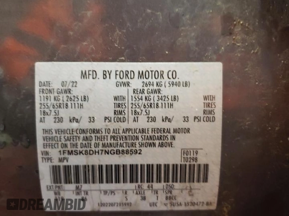2022 Ford Explorer XLT z VIN 1FMSK8DH7NGB88592, wystawiony jako Copart lot #50787265 z przebiegiem 51 701 mil mil oraz Szkoda całkowita • Salvage title. Historia ofert i sprzedaży dostępna na DreamBid. Obrazek 14.