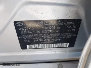 2013 Hyundai Sonata GLS with VIN 5NPEB4AC3DH786076, listed as a IAAI auction lot 41840894 with 173,169 mi miles. Bid and sale history available at carsss.com. Image 9.