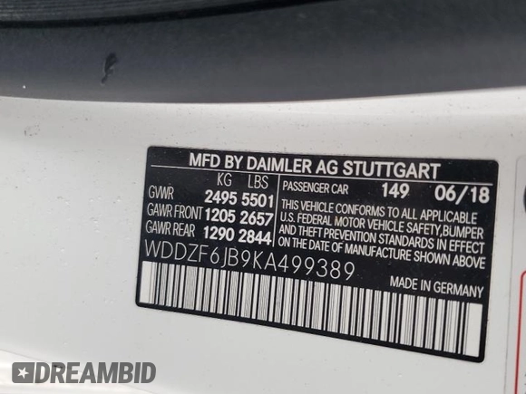 2019 Mercedes-Benz E 450 with VIN WDDZF6JB9KA499389, listed as a Copart auction lot 43795705 with 88,619 mi miles and Clean Title. Bid and sale history available at DreamBid. Image 12.