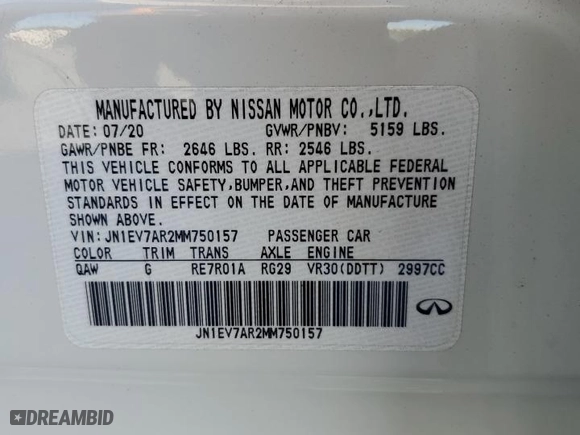 2021 Infiniti Q50 3.0t PURE with VIN JN1EV7AR2MM750157, listed as a Copart auction lot 67636584 with NaN miles and Salvage Title. Bid and sale history available at carsss.com. Image 12.