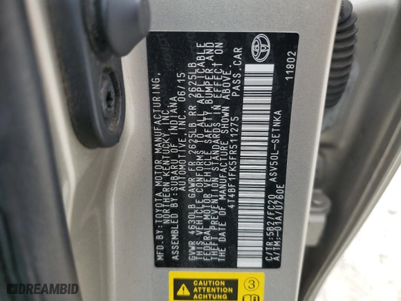2015 Toyota Camry XLE with VIN 4T4BF1FK5FR511275, listed as a Copart auction lot 63554334 with NaN miles and Salvage Title. Bid and sale history available at carsss.com. Image 12.