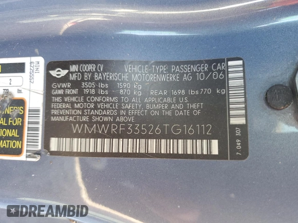 2006 MINI Convertible с VIN WMWRF33526TG16112, выставлен на аукционе Copart как лот 78717194 с пробегом 204 914 миль миль и Списание • Salvage title. История ставок и продаж доступна на DreamBid. Изображение 13.