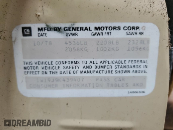 1979 Chevrolet Malibu с VIN 1W19J9K439407, выставлен на аукционе Copart как лот 48776395 с пробегом 47 010 миль миль и Чистый • Clean title. История ставок и продаж доступна на DreamBid. Изображение 12.