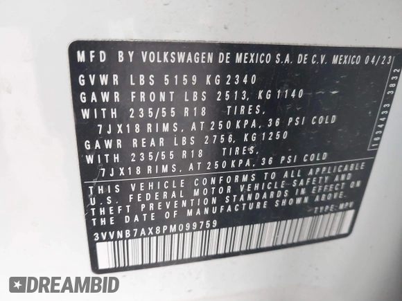 2023 Volkswagen Tiguan SE with VIN 3VVNB7AX8PM099759, listed as a IAAI auction lot 41340885 with 28,562 mi miles and . Bid and sale history available at DreamBid. Image 9.