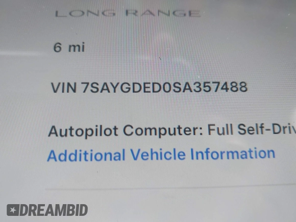 2025 Tesla Model Y Long Range with VIN 7SAYGDED0SA357488, listed as a IAAI auction lot 41550514 with 6 mi miles and . Bid and sale history available at DreamBid. Image 9.
