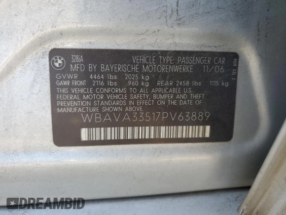 2007 BMW 3 Series 328i with VIN WBAVA33517PV63889, listed as a Copart auction lot 59160945 with 147,664 mi miles and Salvage title. Bid and sale history available at DreamBid. Image 13.