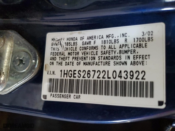 2002 Honda Civic EX with VIN 1HGES26722L043922, listed as a Copart auction lot 44972435 with 489,069 mi miles and Salvage Title. Bid and sale history available at carsss.com. Image 12.