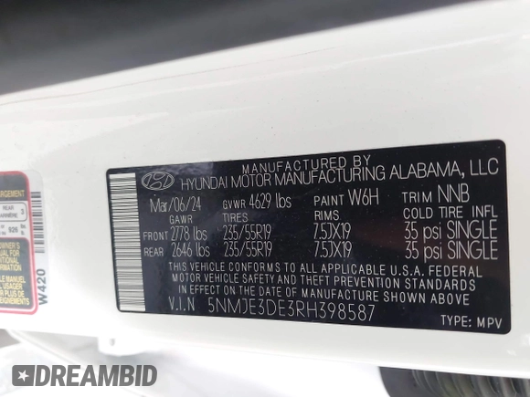 2024 Hyundai Tucson Limited z VIN 5NMJE3DE3RH398587, wystawiony jako IAAI lot #42132879 z przebiegiem 52 182 mil mil oraz . Historia ofert i sprzedaży dostępna na DreamBid. Obrazek 9.