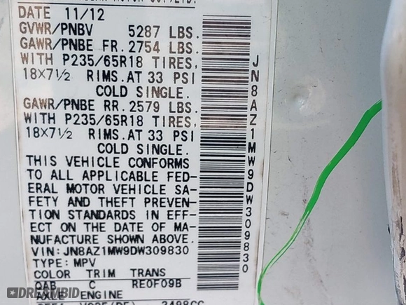 2013 Nissan Murano SL with VIN JN8AZ1MW9DW309830, listed as a IAAI auction lot 41710937 with 119,011 mi miles. Bid and sale history available at carsss.com. Image 9.