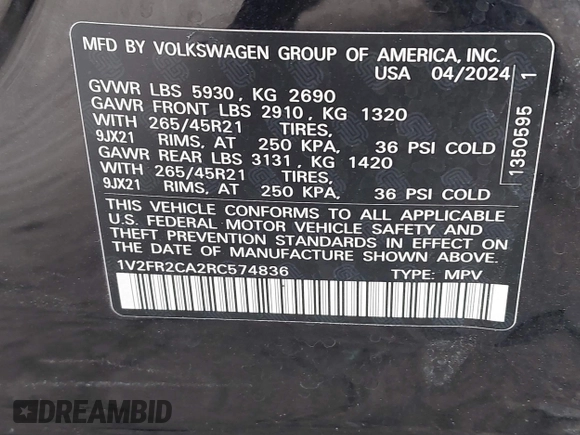 2024 Volkswagen Atlas SEL Premium R-Line with VIN 1V2FR2CA2RC574836, listed as a IAAI auction lot 41663458 with 15,527 mi miles and . Bid and sale history available at DreamBid. Image 9.