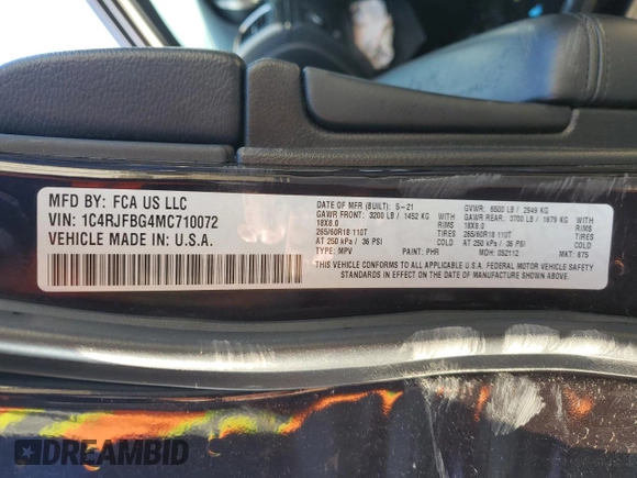 2021 Jeep Grand Cherokee Limited with VIN 1C4RJFBG4MC710072, listed as a Copart auction lot 55471145 with 65,738 mi miles and Salvage title. Bid and sale history available at DreamBid. Image 13.