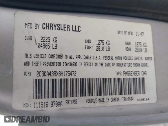 2008 Chrysler 300 LX with VIN 2C3KA43RX8H175472, listed as a IAAI auction lot 41875765 with 146,393 mi miles. Bid and sale history available at carsss.com. Image 9.