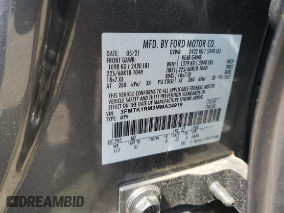 2021 Ford Mustang Mach-E Select with VIN 3FMTK1RM3MMA34919, listed as a Copart auction lot 61967335 with 42,174 mi miles and Salvage title. Bid and sale history available at DreamBid. Image 14.