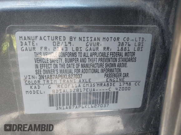2019 Nissan Sentra SV with VIN 3N1AB7AP6KL627037, listed as a IAAI auction lot 39753676 with Not Provided miles and . Bid and sale history available at DreamBid. Image 9.