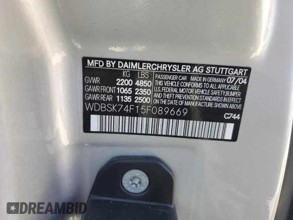 2005 Mercedes-Benz SL 55 AMG with VIN WDBSK74F15F089669, listed as a Copart auction lot 42180675 with Not provided miles and Salvage title. Bid and sale history available at DreamBid. Image 12.