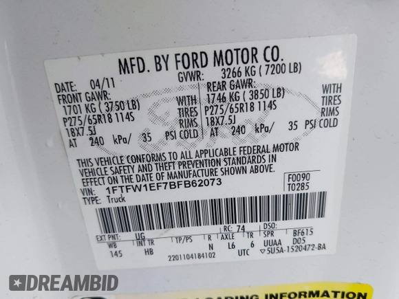 2011 Ford F-150 XL z VIN 1FTFW1EF7BFB62073, wystawiony jako IAAI lot #42057203 z przebiegiem 148 592 mil mil oraz . Historia ofert i sprzedaży dostępna na DreamBid. Obrazek 9.