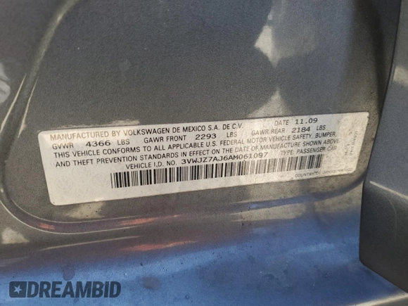 2010 Volkswagen Jetta S с VIN 3VWJZ7AJ6AM061097, выставлен на аукционе Copart как лот 65227825 с пробегом Не указан миль и Списание • Salvage title. История ставок и продаж доступна на DreamBid. Изображение 13.