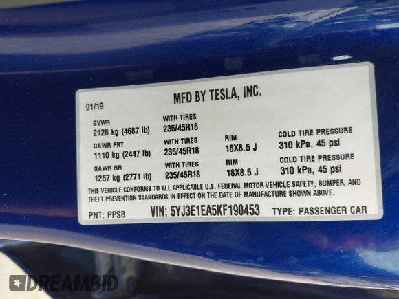 2019 Tesla Model 3 Mid Range with VIN 5YJ3E1EA5KF190453, listed as a IAAI auction lot 41880684 with 58,909 mi miles and . Bid and sale history available at carsss.com. Image 9.