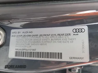 2020 Audi A3 Sedan Premium with VIN WAUAUGFF9LA101997, listed as a Copart auction lot 50335005 with 43,612 mi miles and Salvage Title. Bid and sale history available at carsss.com. Image 12.