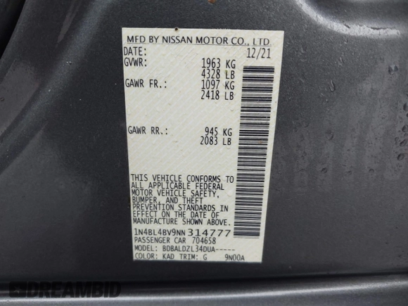 2022 Nissan Altima 2.5 S with VIN 1N4BL4BV9NN314777, listed as a IAAI auction lot 41541506 with 17,398 mi miles. Bid and sale history available at carsss.com. Image 9.