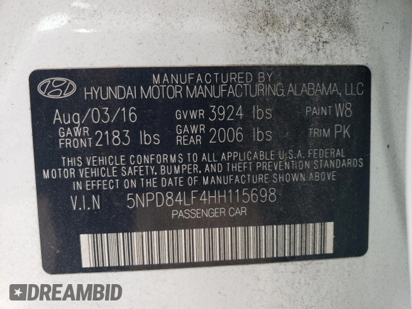 2017 Hyundai Elantra SE with VIN 5NPD84LF4HH115698, listed as a Copart auction lot 51872295 with 53,587 mi miles and Salvage Title. Bid and sale history available at DreamBid. Image 14.
