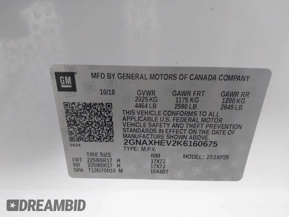 2019 Chevrolet Equinox LS with VIN 2GNAXHEV2K6160675, listed as a IAAI auction lot 41937093 with 62,966 mi miles and . Bid and sale history available at carsss.com. Image 9.