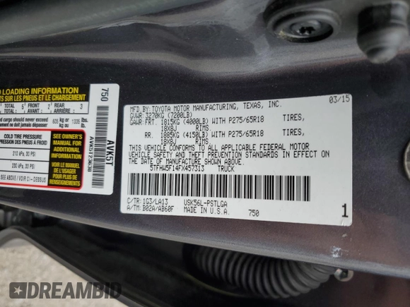 2015 Toyota Tundra Limited with VIN 5TFHW5F14FX457313, listed as a Copart auction lot 56159505 with Not provided miles and Salvage title. Bid and sale history available at DreamBid. Image 12.