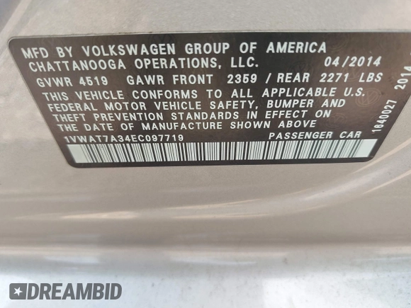 2014 Volkswagen Passat Wolfsburg Edition with VIN 1VWAT7A34EC097719, listed as a IAAI auction lot 42483880 with 255,655 mi miles and . Bid and sale history available at DreamBid. Image 9.