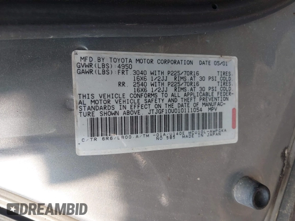 2001 Lexus RX 300 z VIN JTJGF10U010111054, wystawiony jako IAAI lot #42467685 z przebiegiem 269 131 mil mil oraz . Historia ofert i sprzedaży dostępna na DreamBid. Obrazek 9.