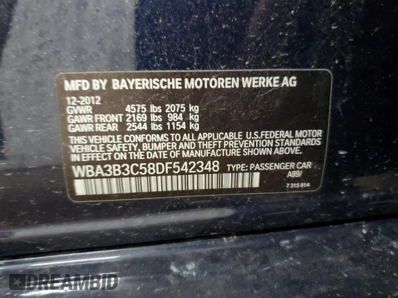 2013 BMW 3 Series 328i xDrive with VIN WBA3B3C58DF542348, listed as a Copart auction lot 62303875 with 116,337 mi miles and Clean title. Bid and sale history available at DreamBid. Image 12.