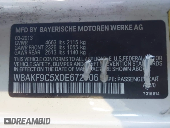2013 BMW 3 Series 335i xDrive with VIN WBAKF9C5XDE672706, listed as a IAAI auction lot 41655252 with 166,402 mi miles and . Bid and sale history available at DreamBid. Image 9.