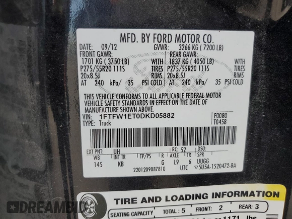2013 Ford F-150 XL with VIN 1FTFW1ET0DKD05882, listed as a Copart auction lot 57662035 with 230,380 mi miles and Salvage title. Bid and sale history available at DreamBid. Image 12.