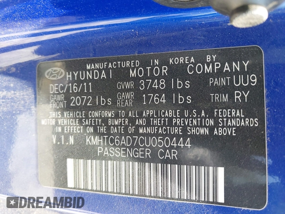 2012 Hyundai Veloster w/Gray Int with VIN KMHTC6AD7CU050444, listed as a IAAI auction lot 42170272 with 121,478 mi miles and . Bid and sale history available at DreamBid. Image 9.
