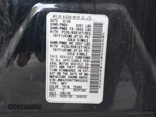 2007 Nissan Murano S with VIN JN8AZ08W77W602425, listed as a IAAI auction lot 41575887 with 136,513 mi miles and . Bid and sale history available at DreamBid. Image 9.