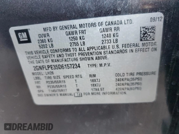 2013 Chevrolet Equinox LT with VIN 2GNFLPE35D6157234, listed as a Copart auction lot 84346324 with 256,831 mi miles and Clean Title. Bid and sale history available at DreamBid. Image 13.