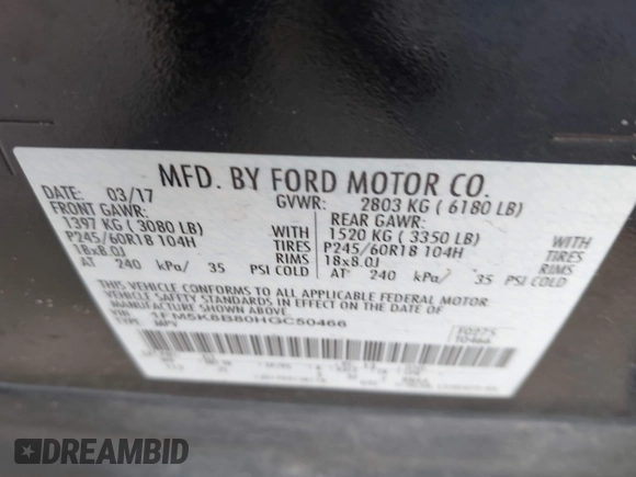 2017 Ford Explorer with VIN 1FM5K8B80HGC50466, listed as a IAAI auction lot 42074967 with 129,835 mi miles and . Bid and sale history available at carsss.com. Image 9.