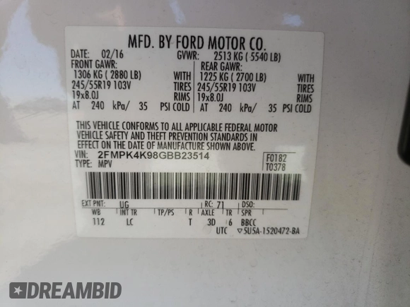 2016 Ford Edge Titanium with VIN 2FMPK4K98GBB23514, listed as a Copart auction lot 46593605 with 165,546 mi miles and Salvage Title. Bid and sale history available at carsss.com. Image 14.
