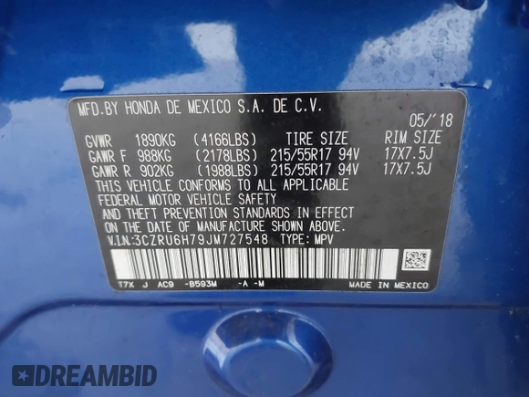 2018 Honda HR-V EX-L Navi with VIN 3CZRU6H79JM727548, listed as a IAAI auction lot 41809410 with 63,730 mi miles. Bid and sale history available at carsss.com. Image 9.