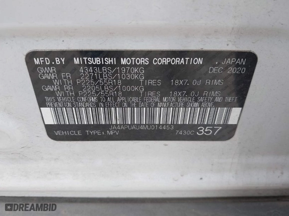 2021 Mitsubishi Outlander Sport ES with VIN JA4APUAU4MU014453, listed as a IAAI auction lot 41015997 with 53,670 mi miles. Bid and sale history available at carsss.com. Image 9.