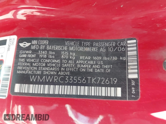 2006 MINI Hardtop with VIN WMWRC33556TK72619, listed as a IAAI auction lot 42328177 with 106,398 mi miles and . Bid and sale history available at DreamBid. Image 9.