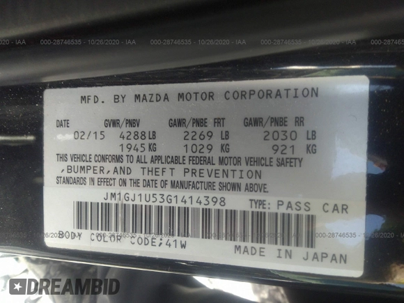 2016 Mazda 6 i Sport with VIN JM1GJ1U53G1414398, listed as a IAAI auction lot 28746535 with 50,936 mi miles and . Bid and sale history available at DreamBid. Image 9.