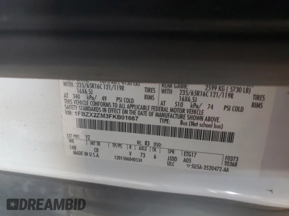 2015 Ford Transit XL с VIN 1FBZX2ZM3FKB01667, выставлен на аукционе Copart как лот 60089555 с пробегом 116 523 миль миль и Списание • Salvage title. История ставок и продаж доступна на DreamBid. Изображение 13.