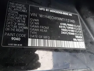 2022 Mercedes-Benz Sprinter Cargo with VIN W1Y4ECHYXNT112143, listed as a IAAI auction lot 41844852 with 46,727 mi miles. Bid and sale history available at carsss.com. Image 9.